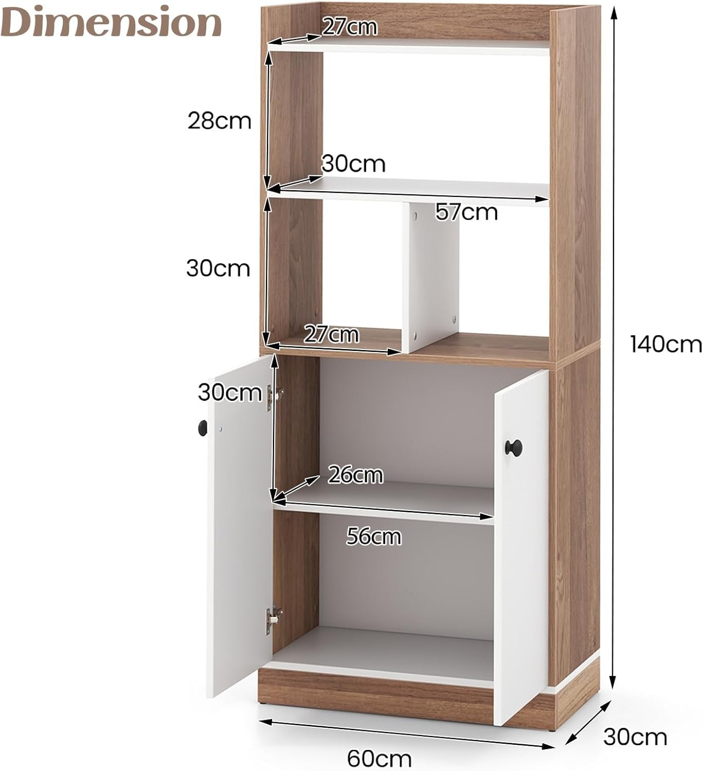Wooden 4-Tier Bookcase with Cabinet, Freestanding Storage Shelf Unit 140cm Tall