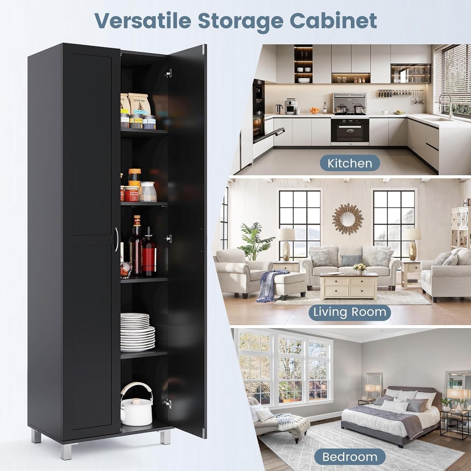 Tall Black Kitchen Cupboard 2 Door Storage Cabinet with Adjustable Shelves