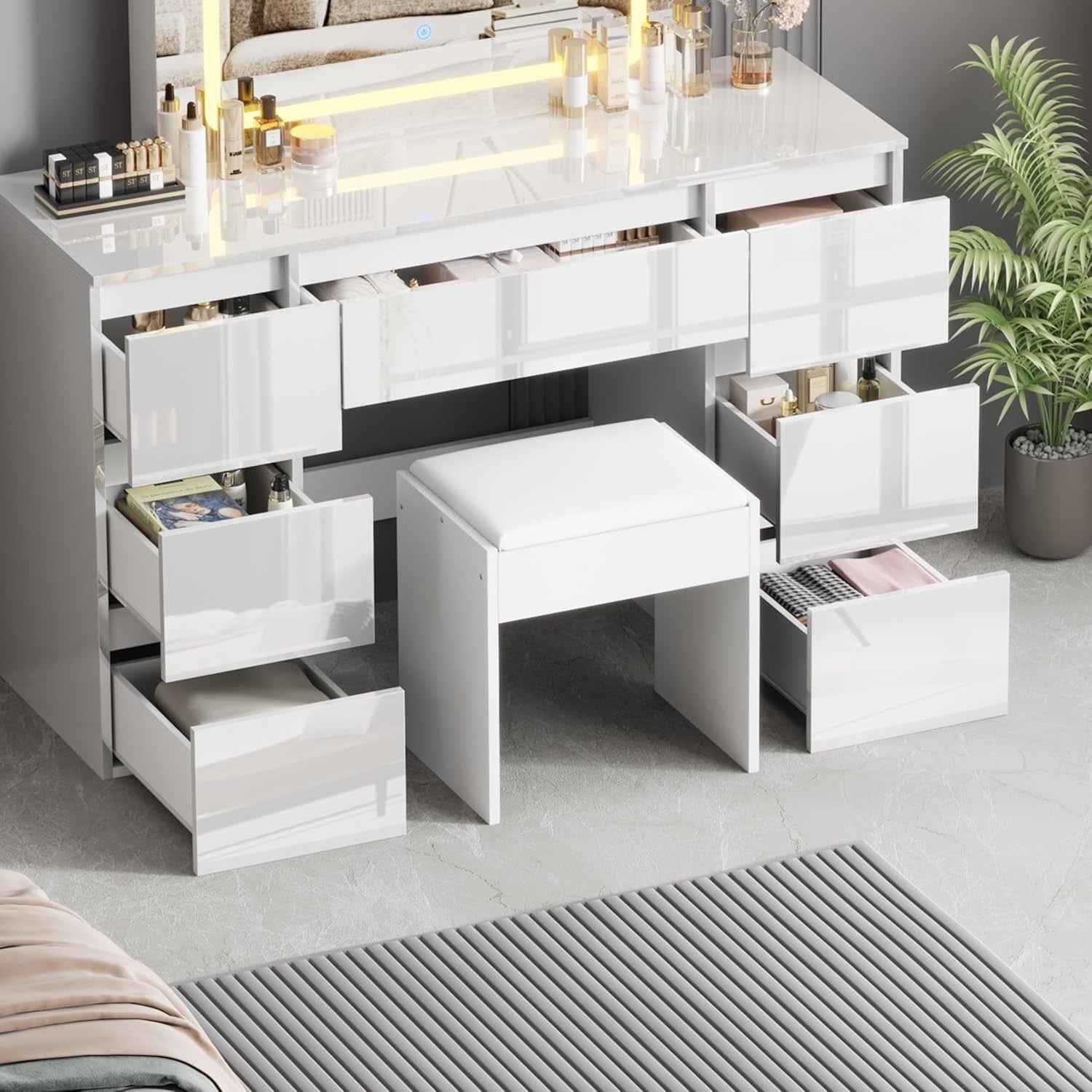 Modern White Gloss Dressing Table Vanity Desk LED Mirror Set 7 Drawers Stool