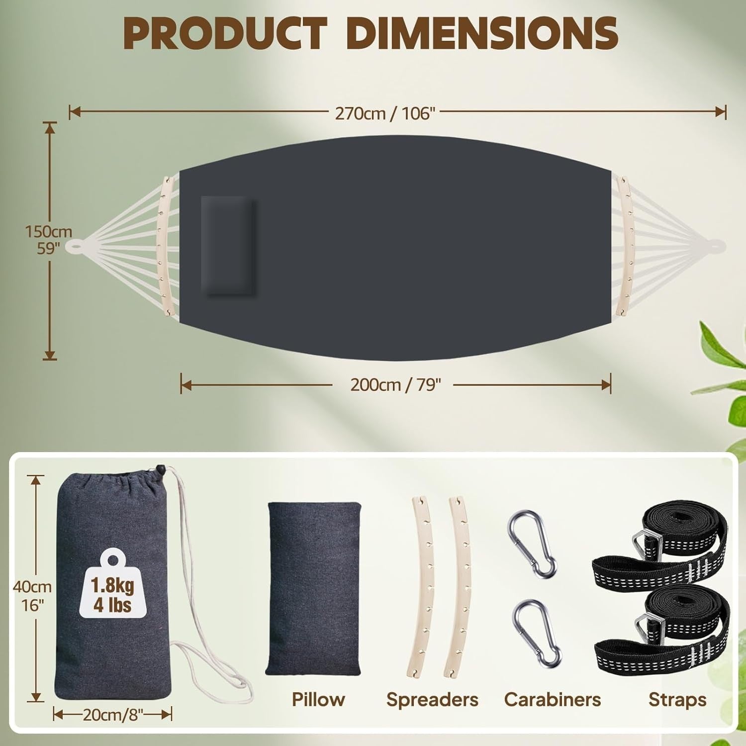 Outdoor Cotton Hammock 300kg Capacity with Pillow & Spreader Bar Straps
