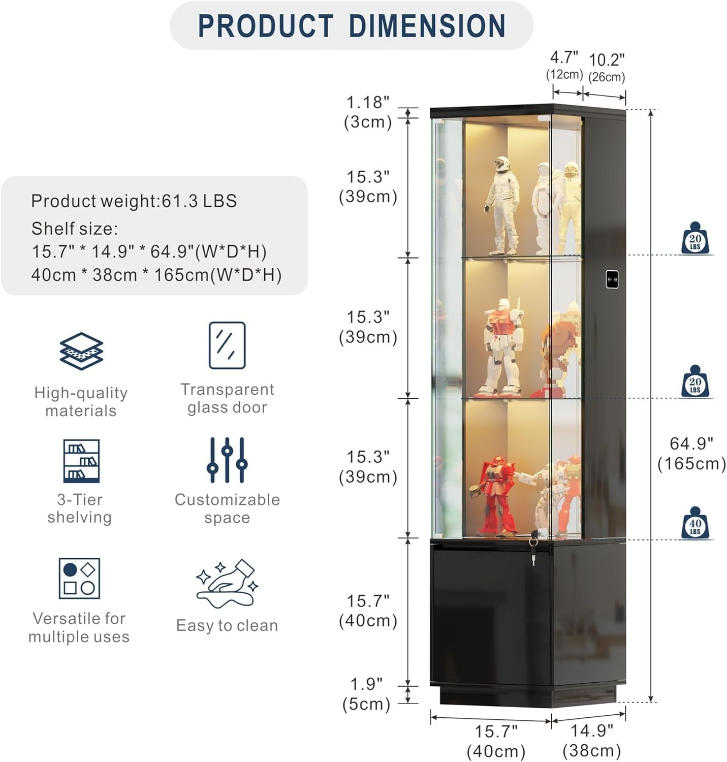 Tall Glass Display Cabinet w/ Lights & Lock | Modern 3-Tier Storage Unit