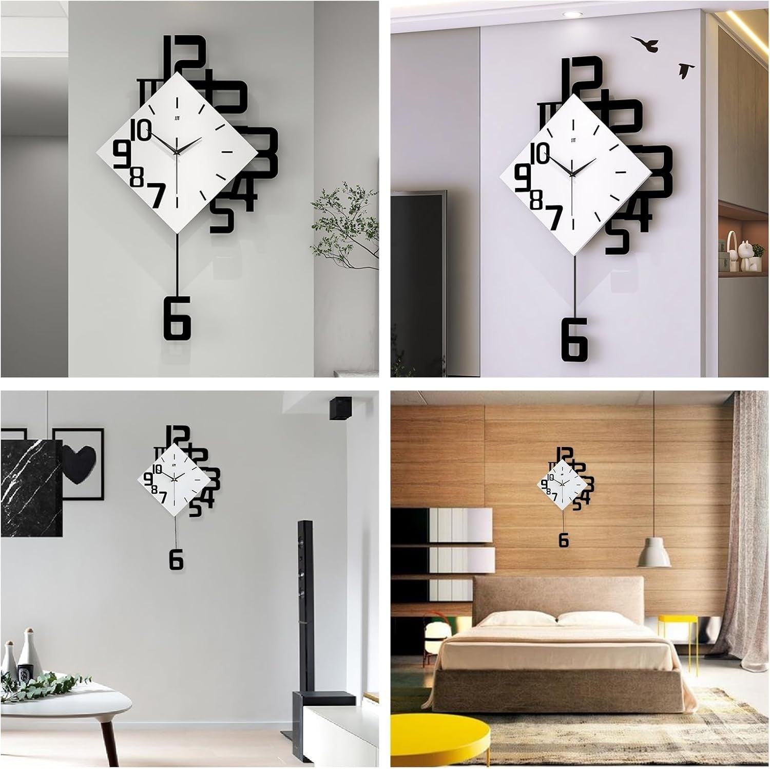 Modern Black & White Silent Pendulum Wall Clock – Minimalist Large Art Decor