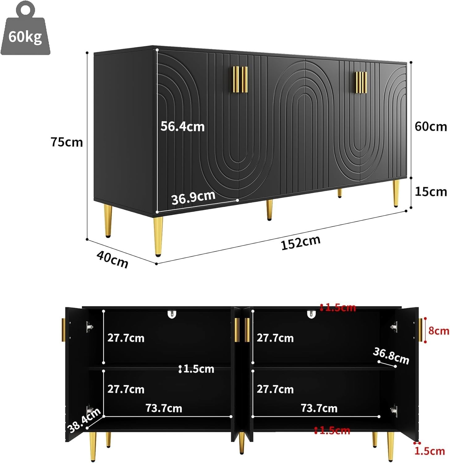 Black Sideboard Cabinet 4 Doors Gold Handles Modern Wave Storage Unit