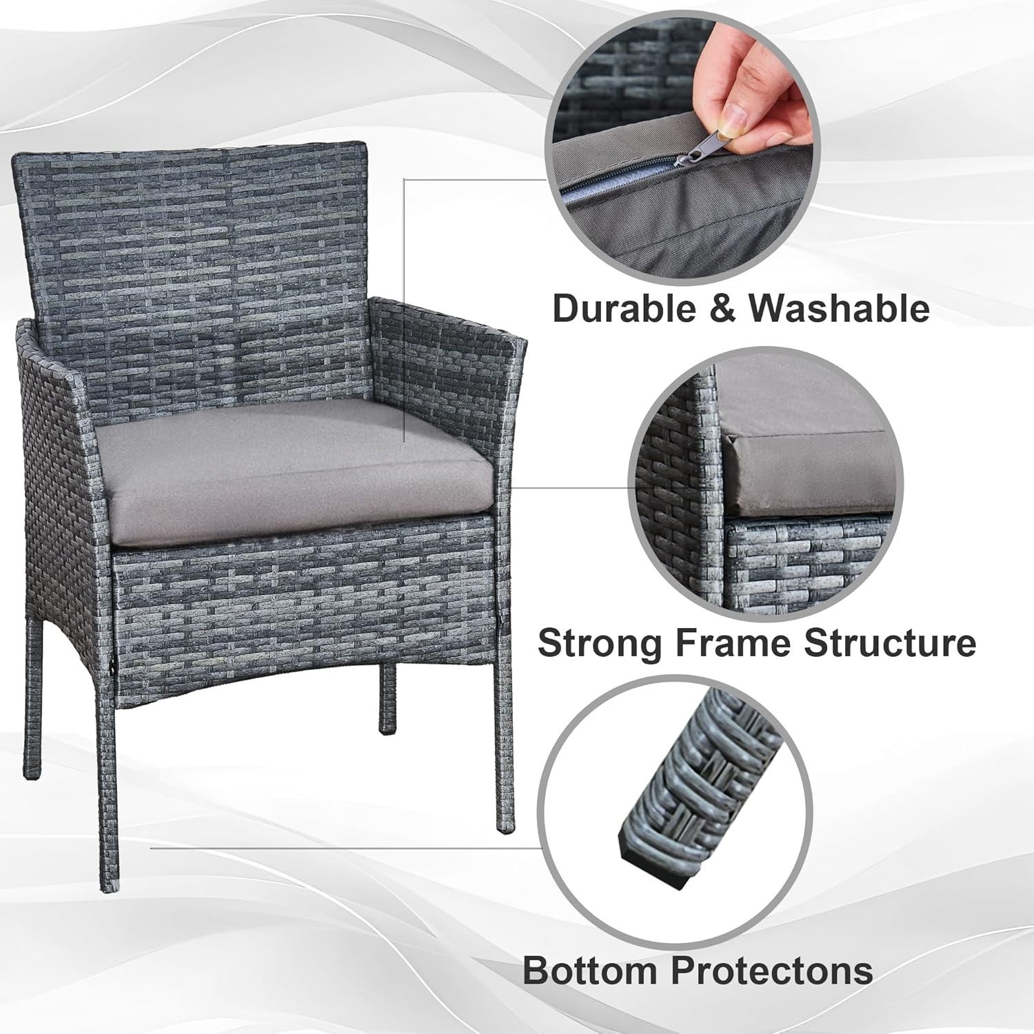 3pc Grey Rattan Bistro Set Balcony Garden Chairs Glass Table Patio Seating