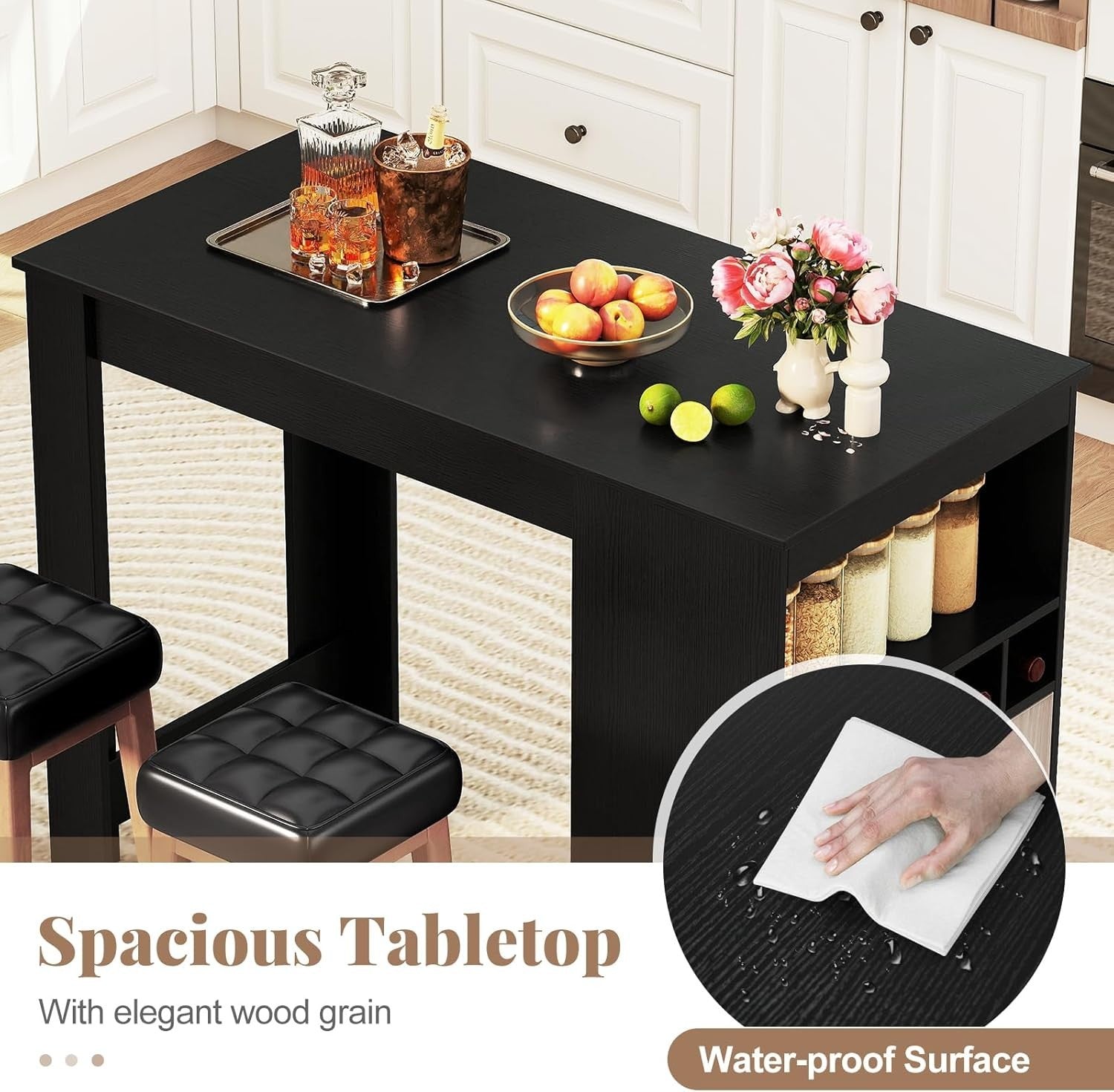 Black Bar Table with Wine Rack & Storage Cabinet, Modern Counter Unit 120CM