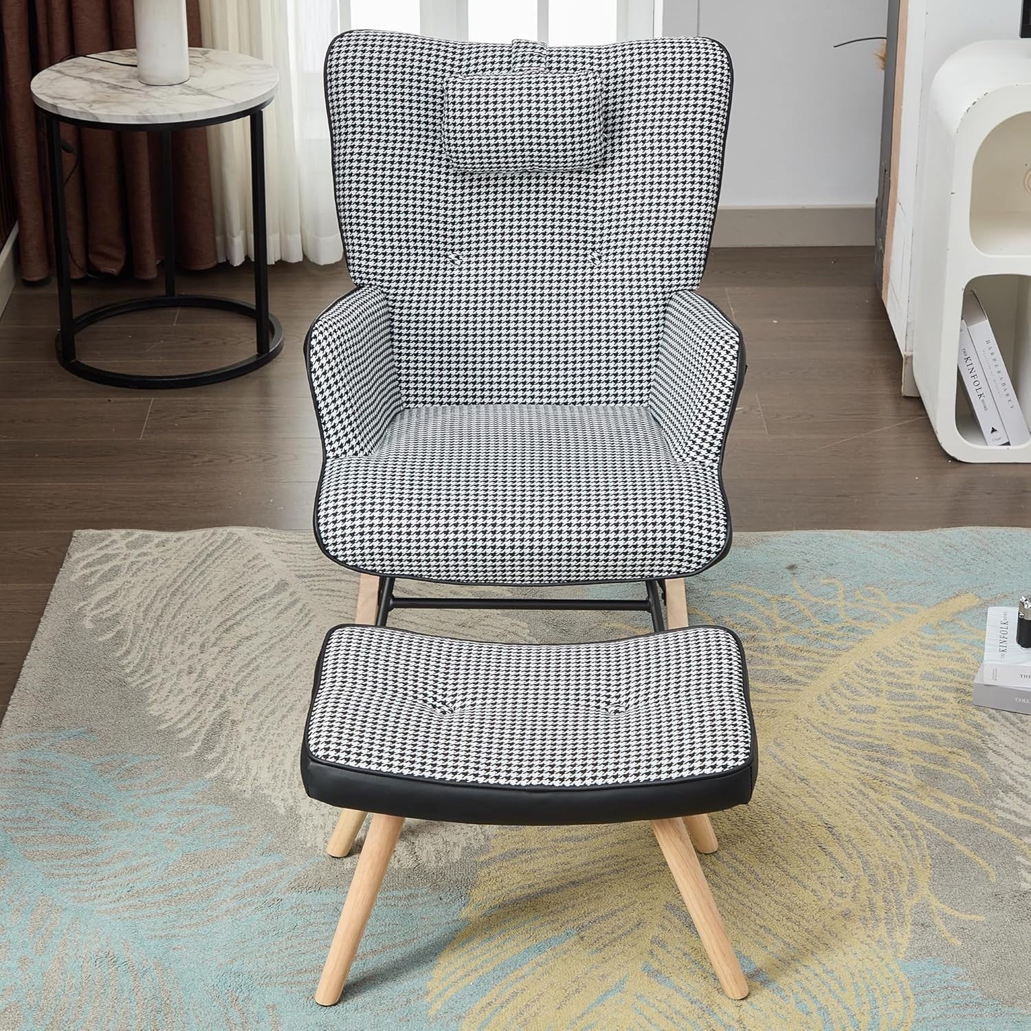 Modern Rocking Chair w/ Footstool, High Back, Side Pocket, Foam Seat