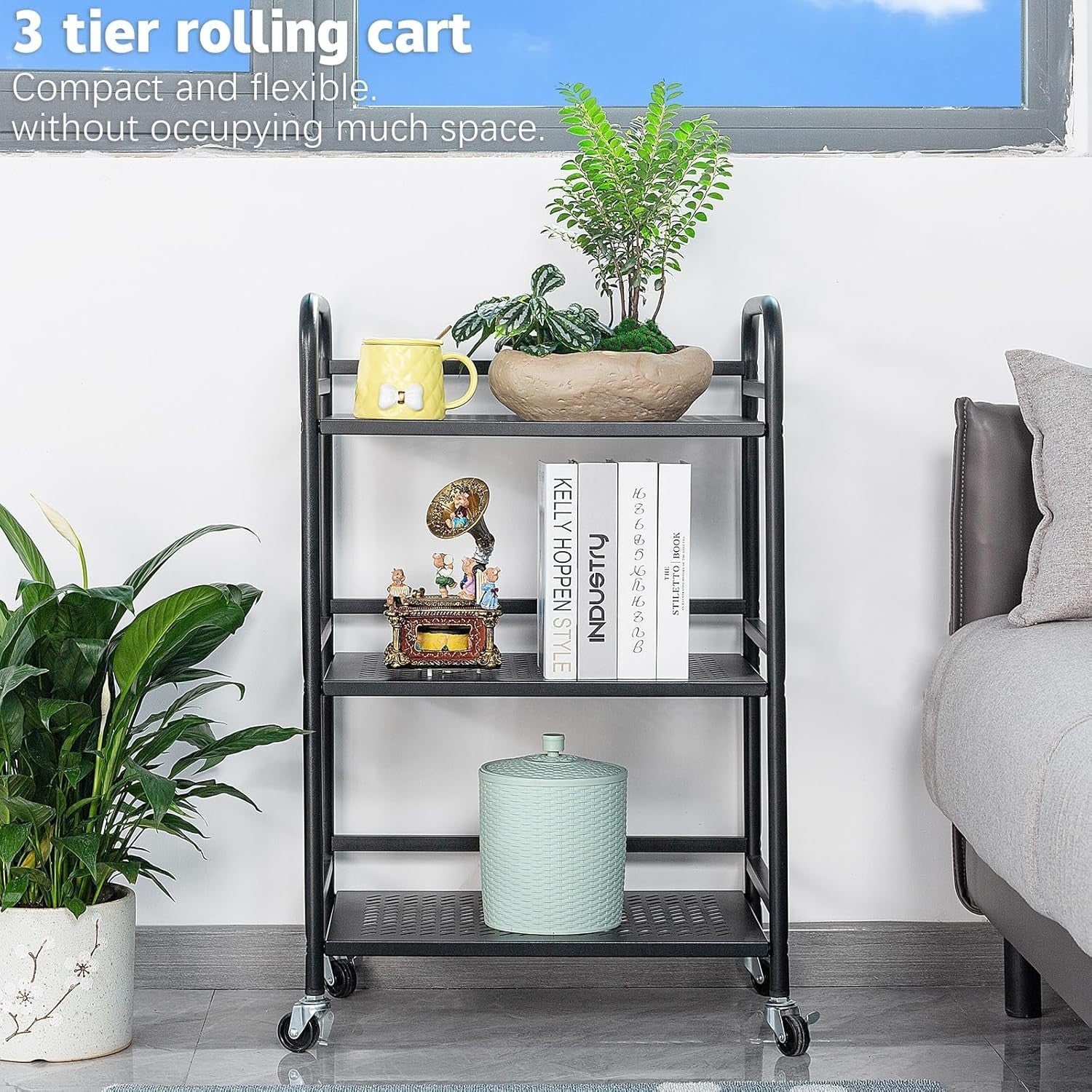 3 Tier Rolling Utility Cart Heavy Duty Metal Storage Trolley Black