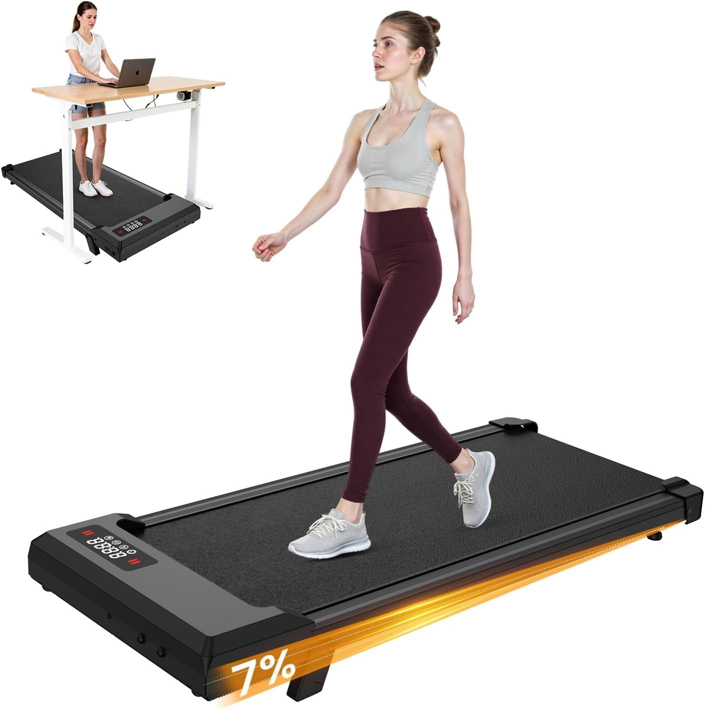 Under Desk Walking Pad Treadmill 7% Incline 2.5HP LED Display