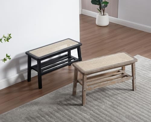 Mid Century Rattan Hallway Bench with Storage Rustic Wood Seat 75×30×44cm