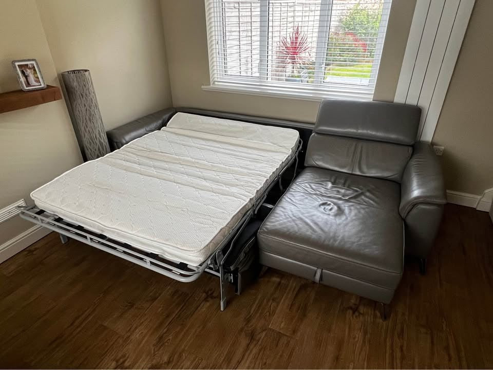 Grey Leather Corner Sofa Bed + Storage (PTP)