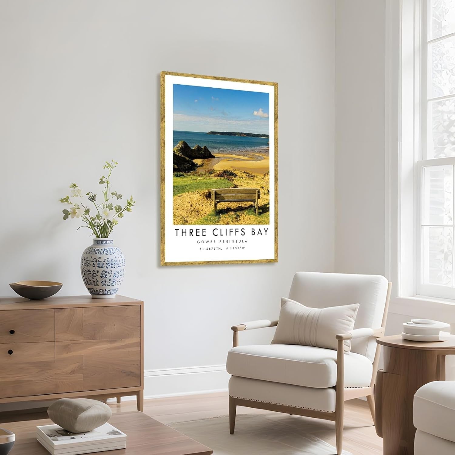 Framed Three Cliffs Bay Canvas Wall Art Modern Coastal Home Decor