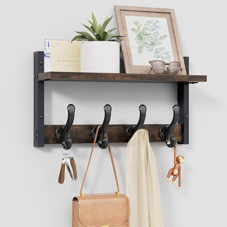 16” Rustic Brown Wall Mounted Coat Rack with Shelf | Heavy Duty Hooks