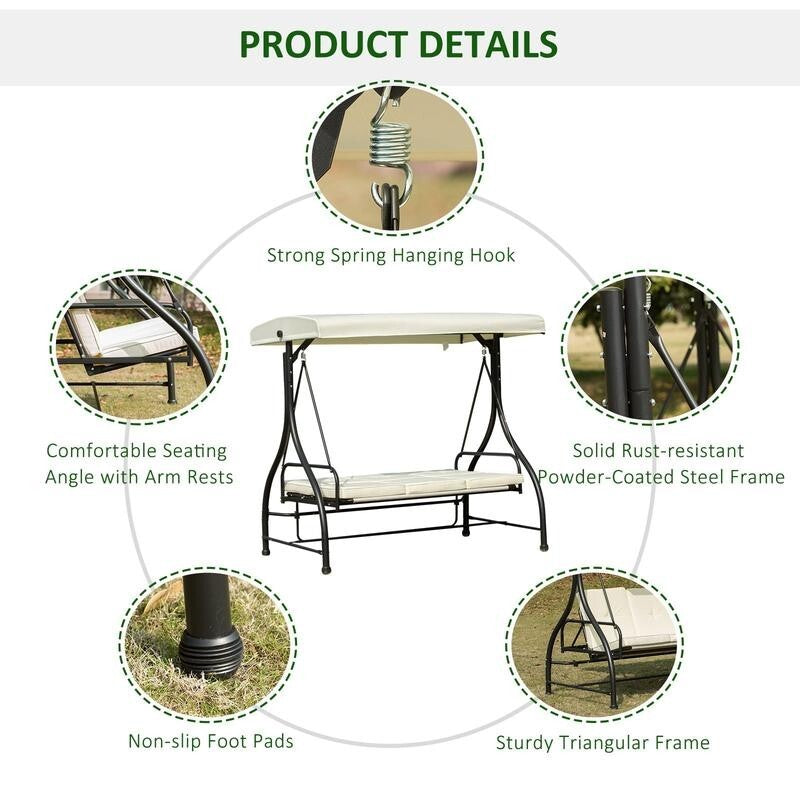 3 Seater Garden Swing Chair with Canopy & Cushions – Beige/Black Hammock