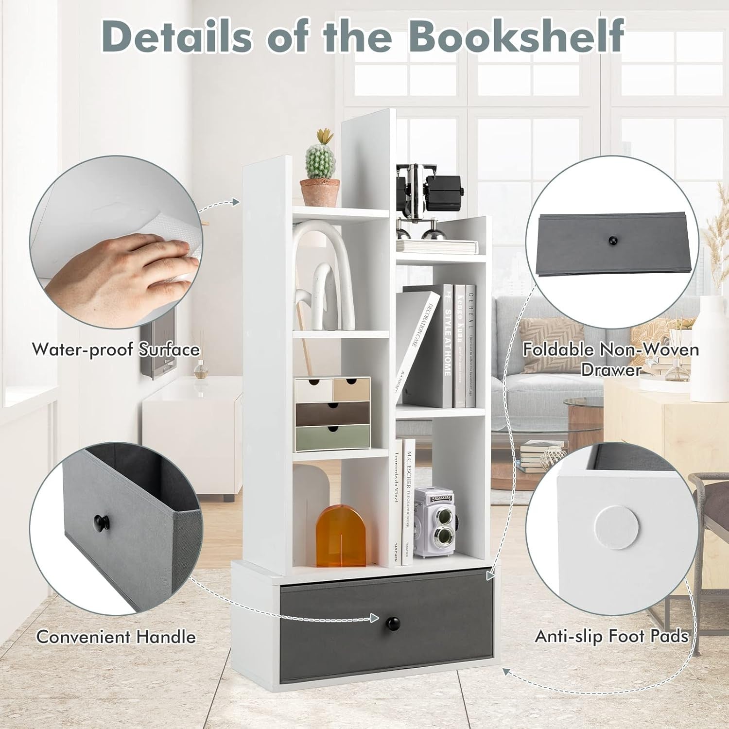 White Tree-Shaped Tall Bookcase 7 Cube Storage Shelf with Drawer 53×24×118cm