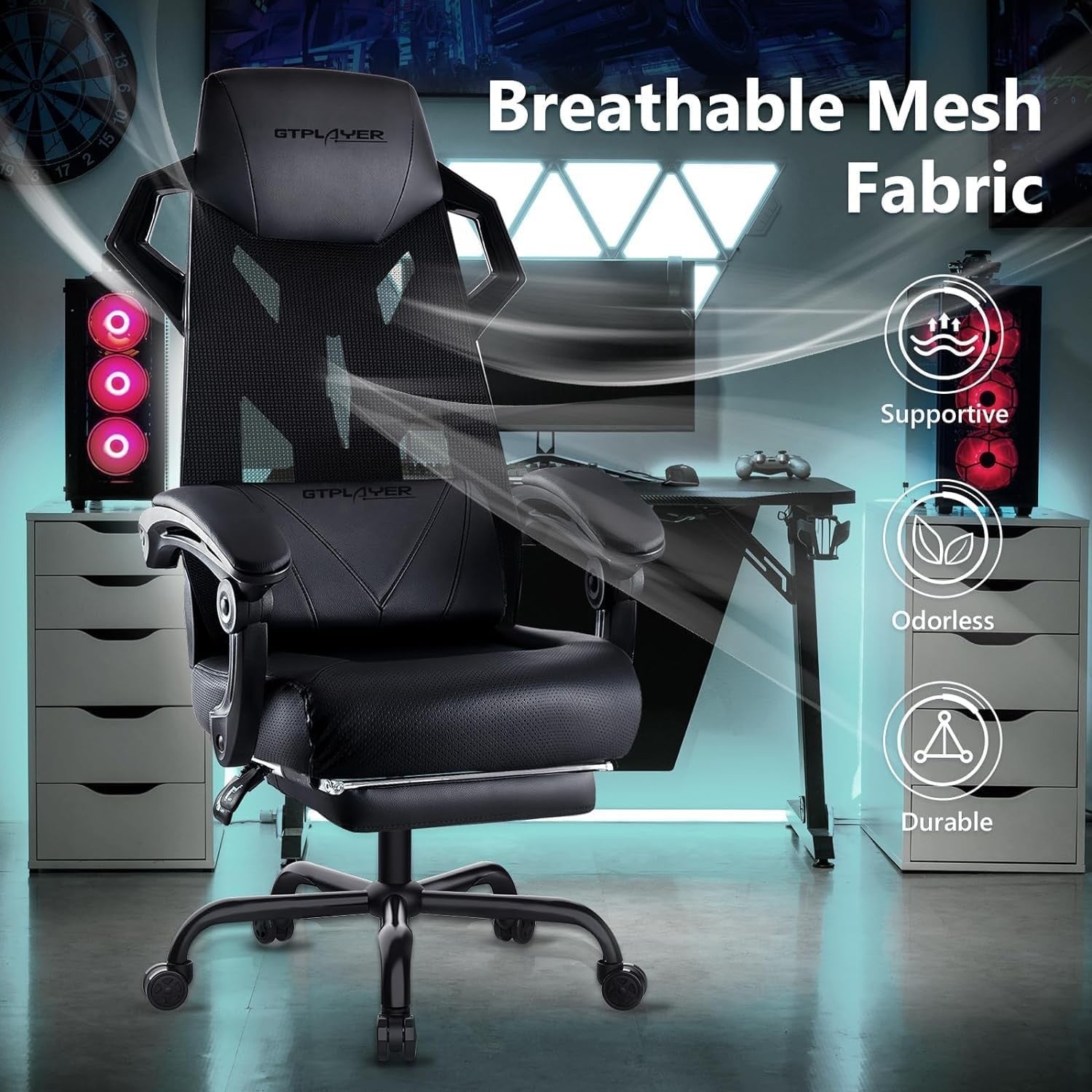 Ergonomic Mesh Gaming Chair Recliner w/ Footrest Lumbar Support
