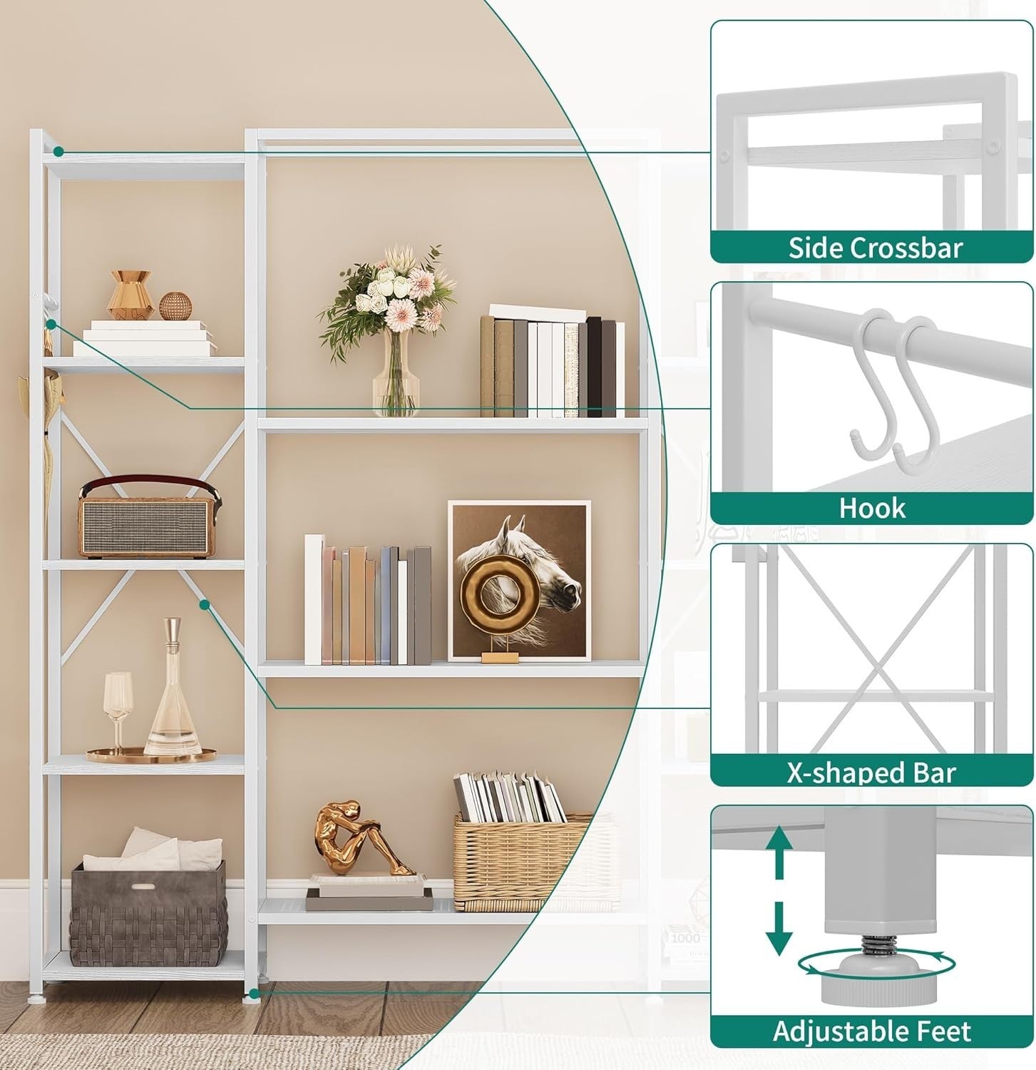 13 Shelf Industrial Bookcase Pure White Metal & Wood Storage Display Rack
