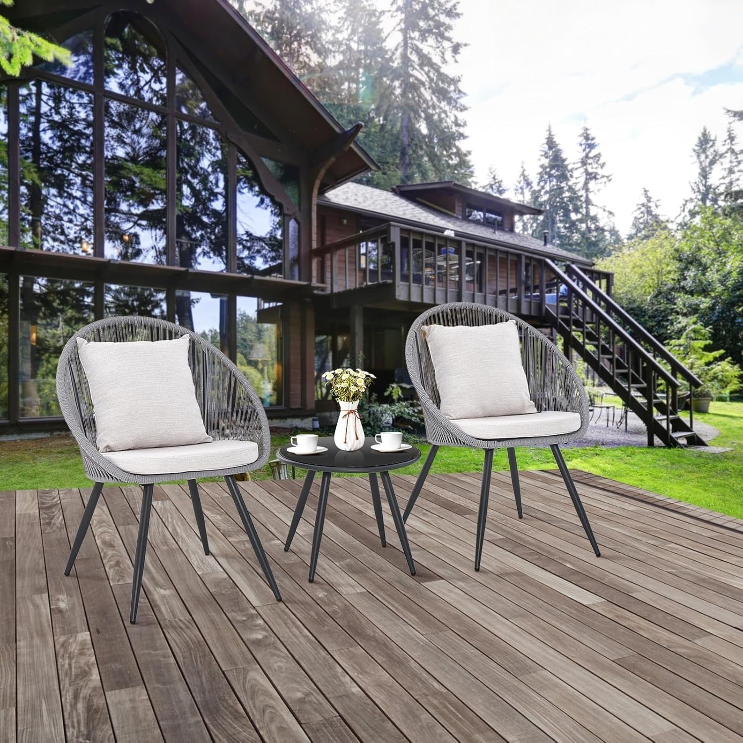3pc Outdoor Rattan Bistro Set Chairs & Glass Table for Patio Garden