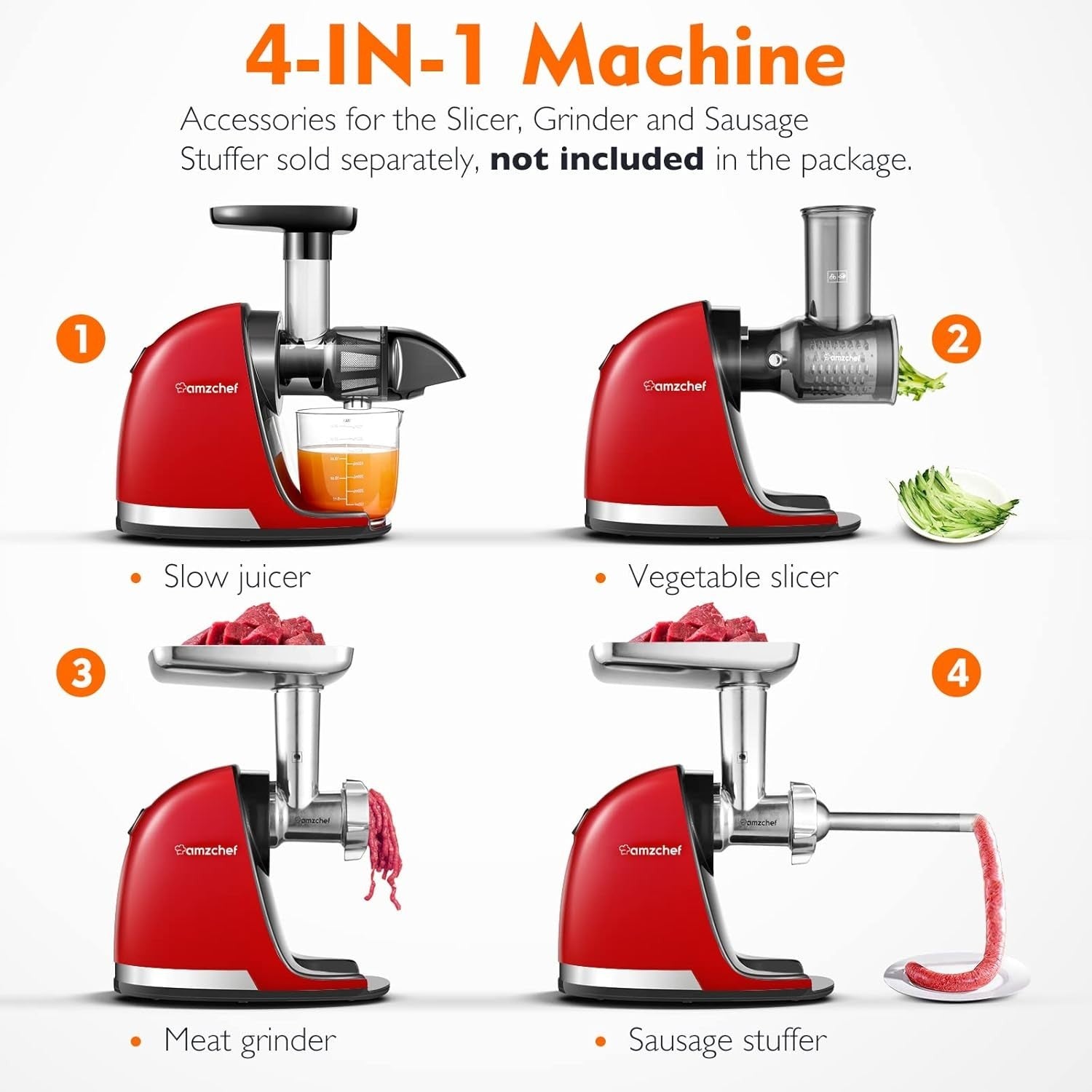 Cold Press Juicer Slow Masticating Whole Fruit High Yield BPA Free Red