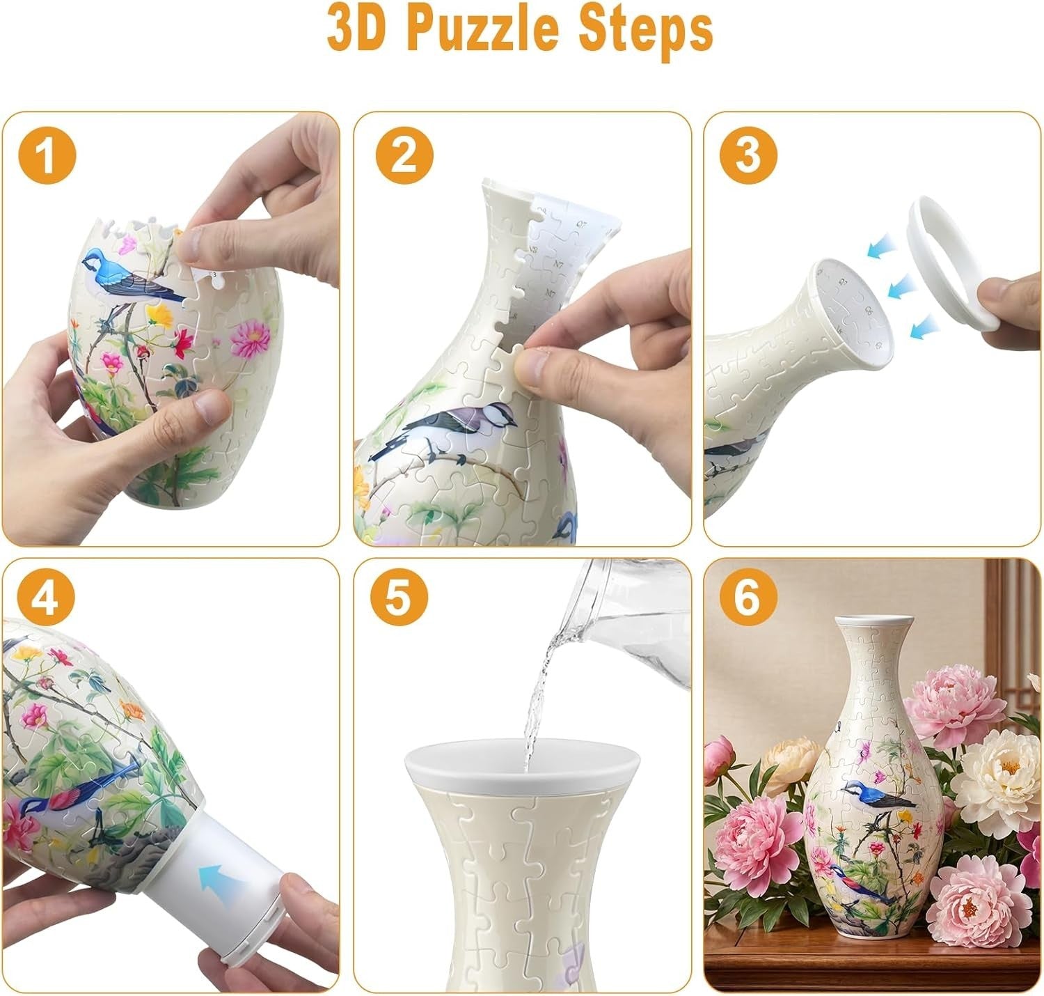 3D Puzzle Flower Vase Kit 160PCS Peony Bird Curved Plastic Decor