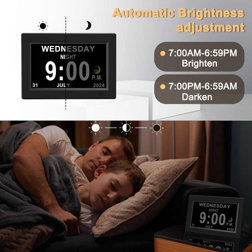 8” Dementia Digital Clock Large Day Display Auto Dimming Elderly