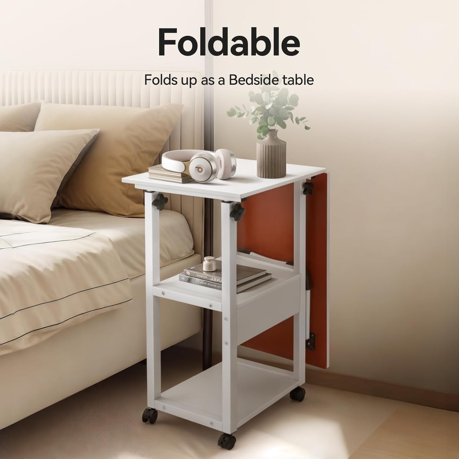 White Overbed Table with Wheels Adjustable Foldable Bedside Laptop Desk