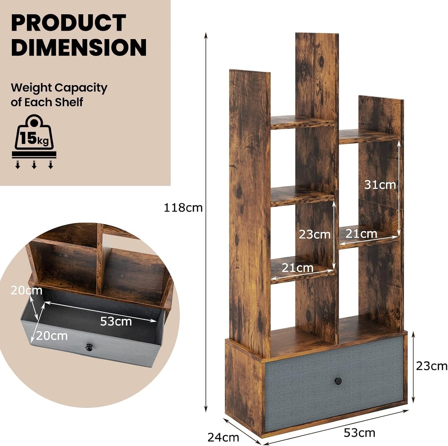 7-Tier Rustic Brown Wooden Bookshelf with Drawer, Space-Saving Storage