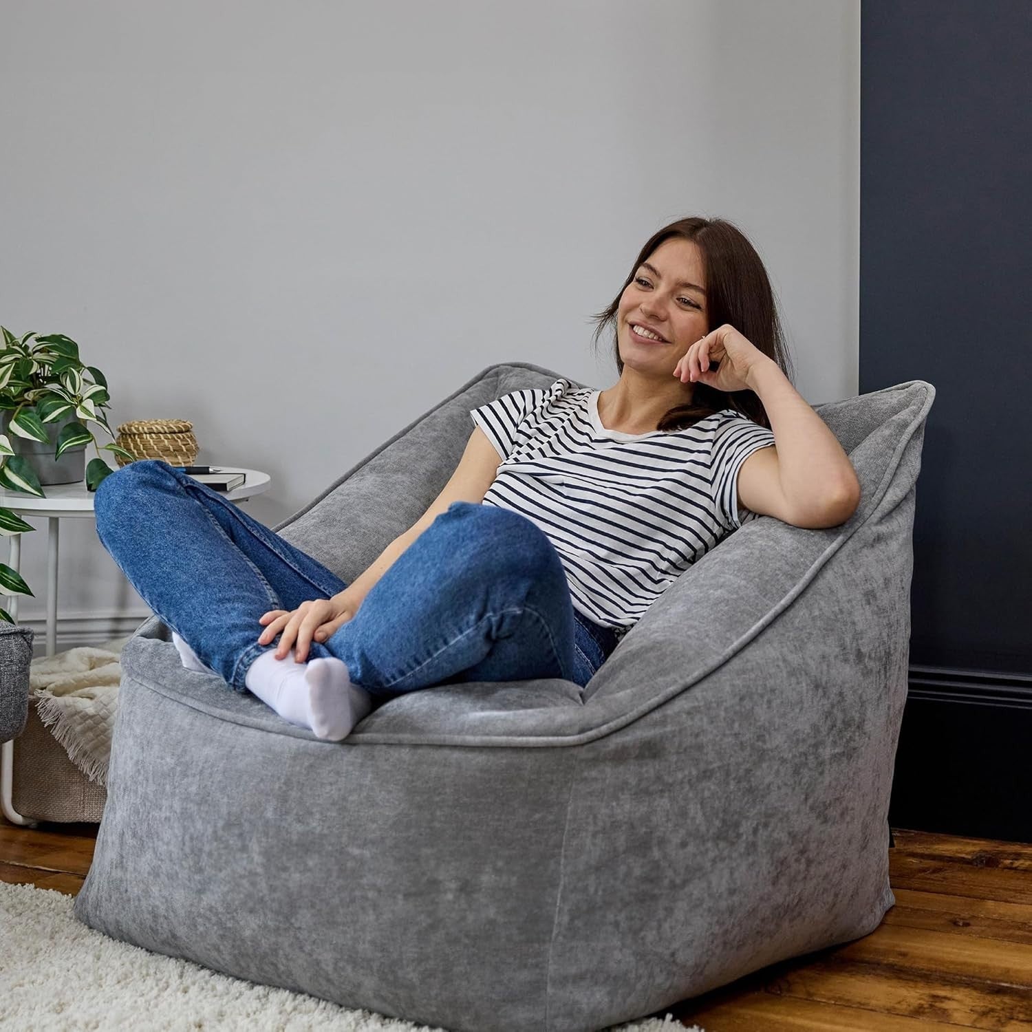 Grey Chenille Bean Bag Armchair Comfy Lounge Chair Sofa for Adults Home