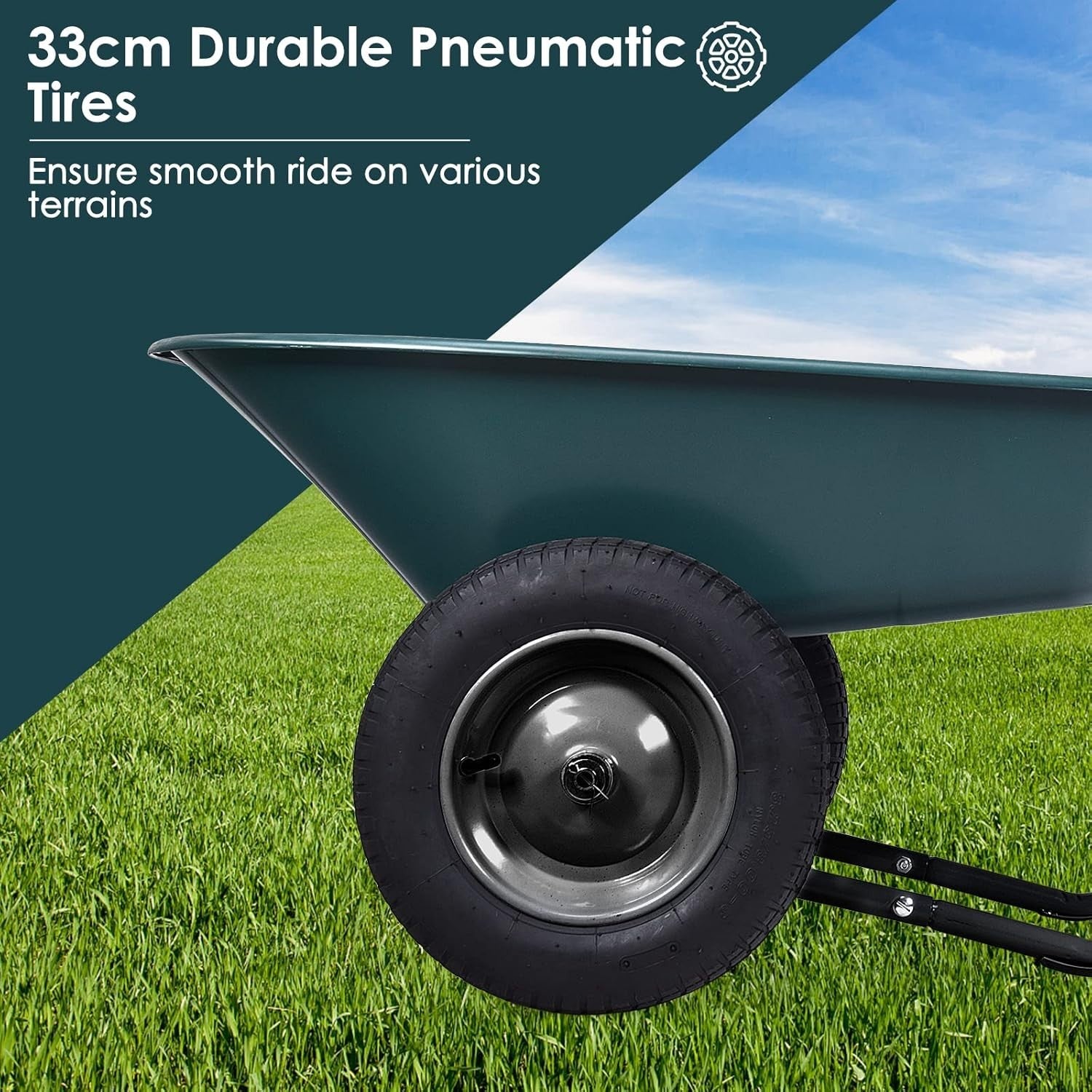 150kg 2-Wheel Garden Green Wheelbarrow – Pneumatic Tyres Heavy Duty Steel Frame