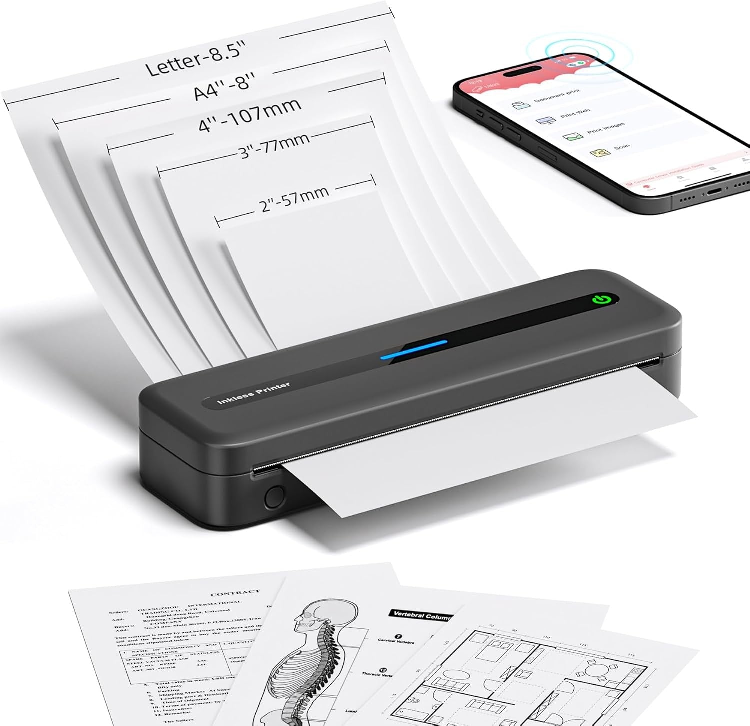 Portable A4 Thermal Printer 300DPI Inkless Bluetooth USB