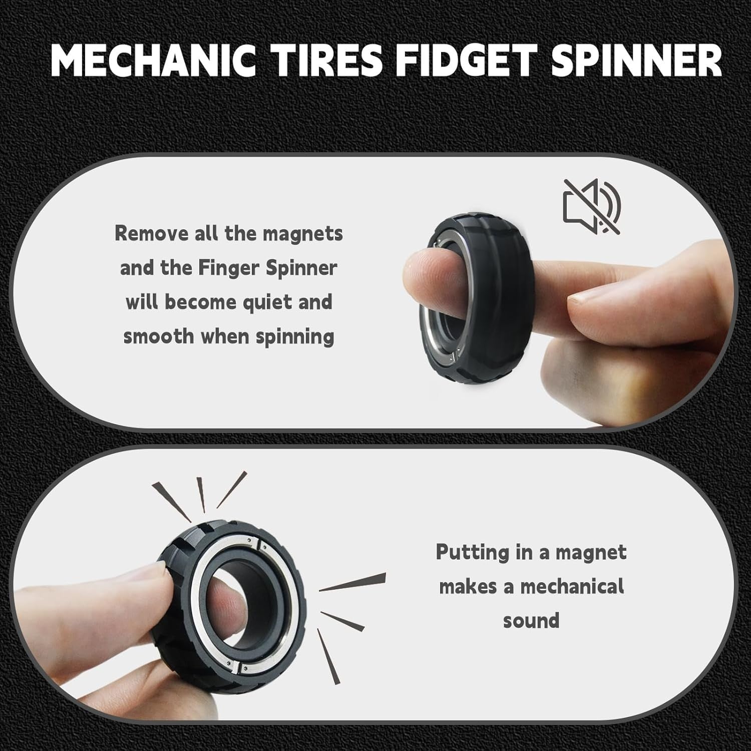 Black Mechanical Fidget Ring 2in1 Spinner Clicker Stress EDC