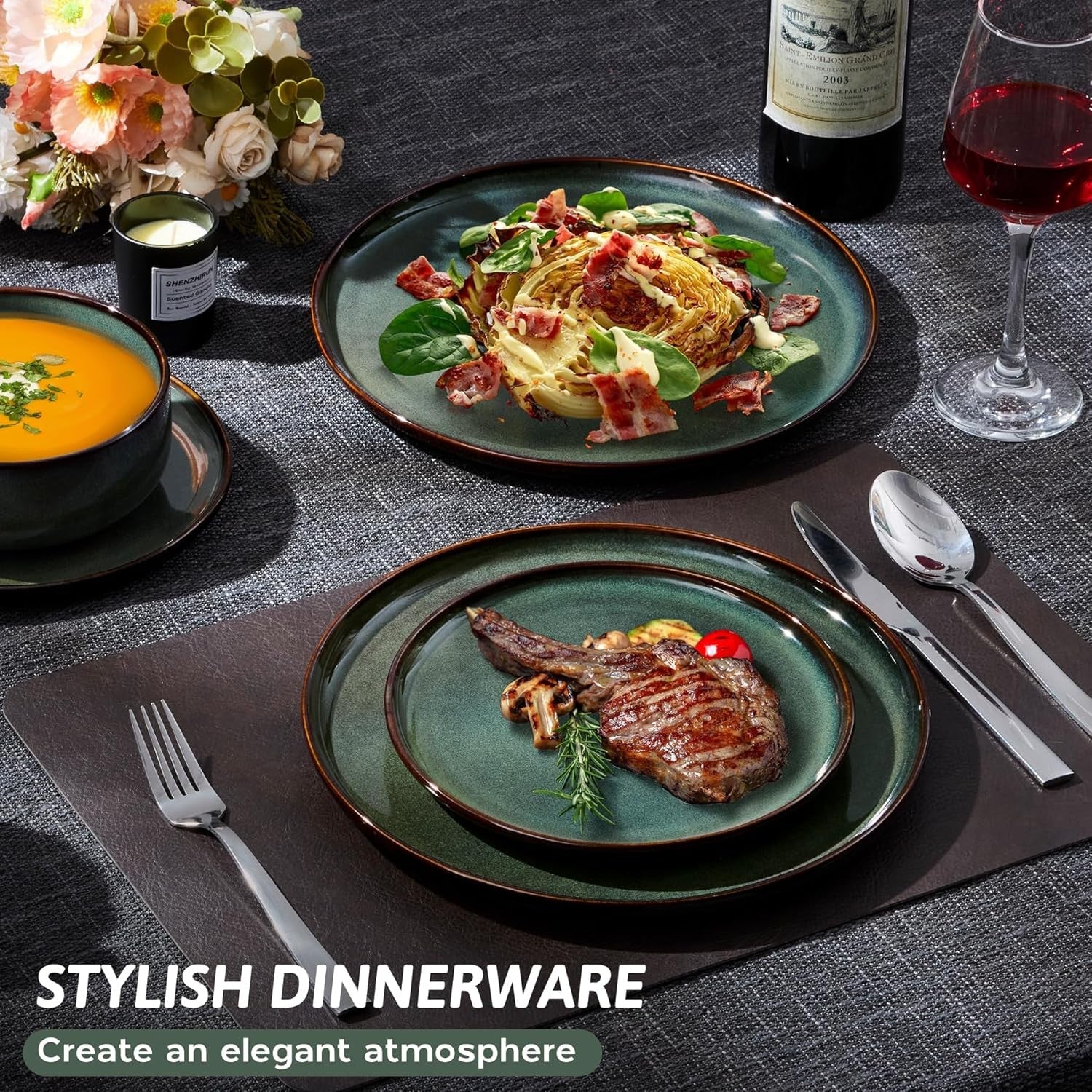 12pc Stoneware Dinner Set for 4 Green Plates Bowls Microwave Safe