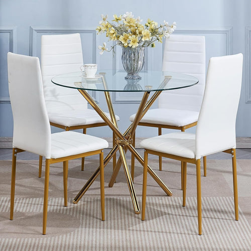 Gold Round Glass Dining Table Set 4 White PU Chairs Compact Design