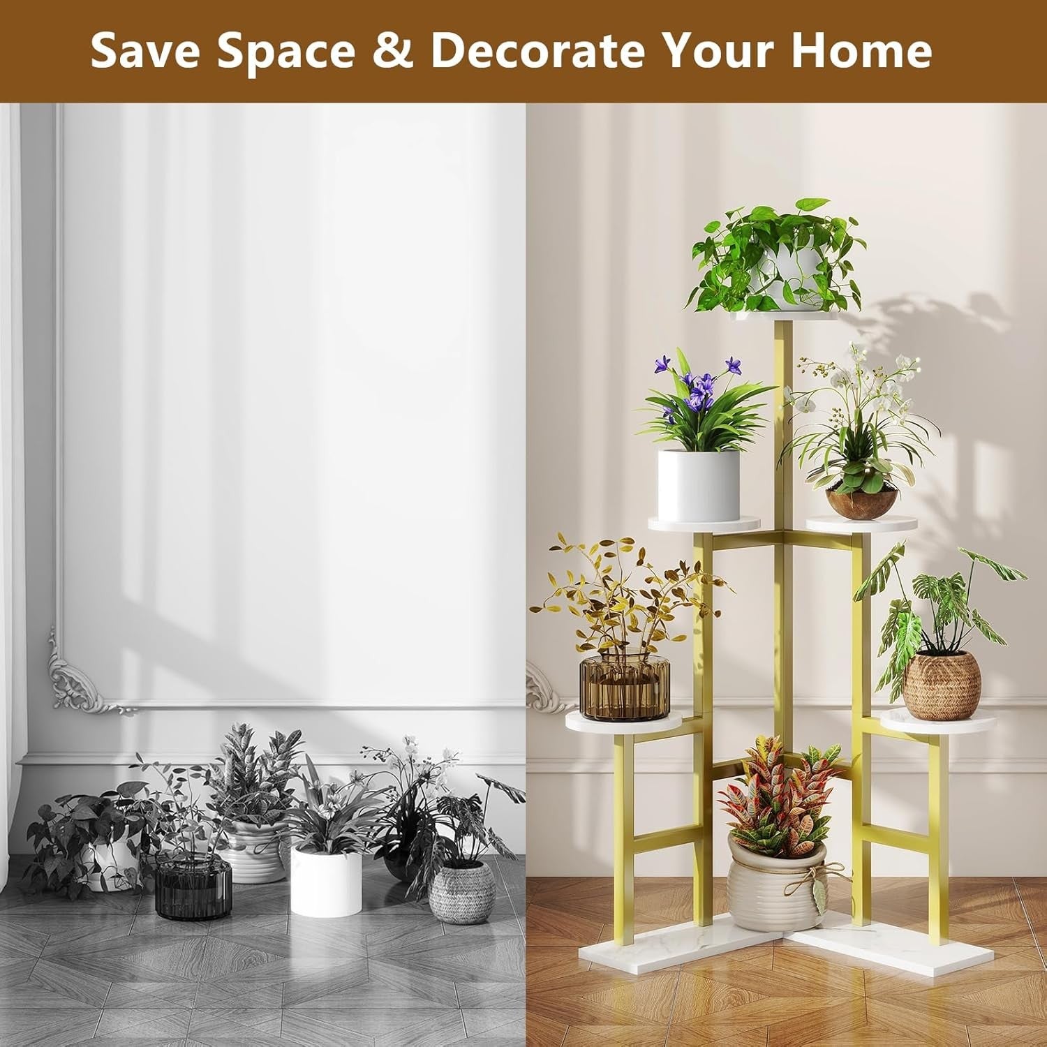 6 Tier Gold Metal Wood Plant Stand | Tall Indoor Corner Flower Pot Display Shelf