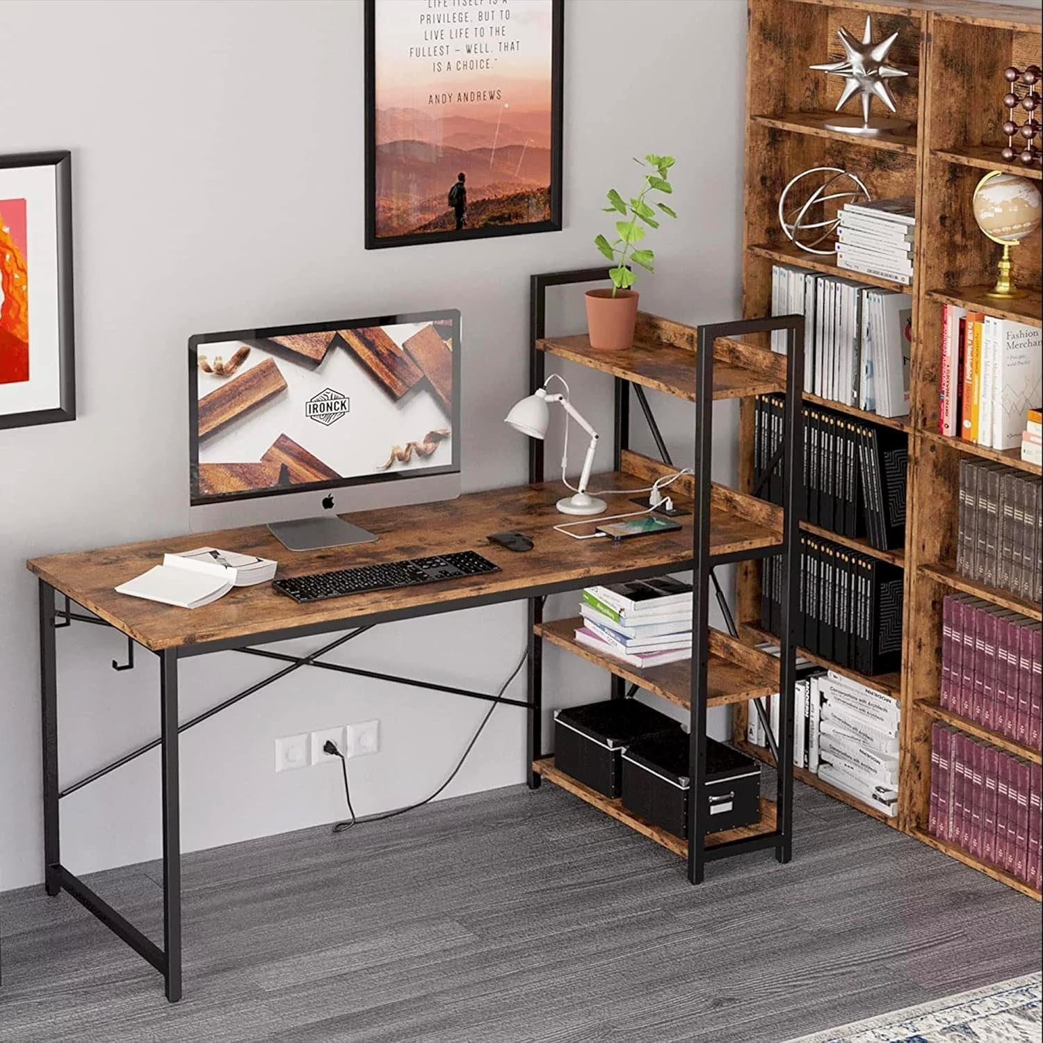 4 Tier Reversible Computer Desk 120cm Rustic Industrial Table w/ USB & Sockets