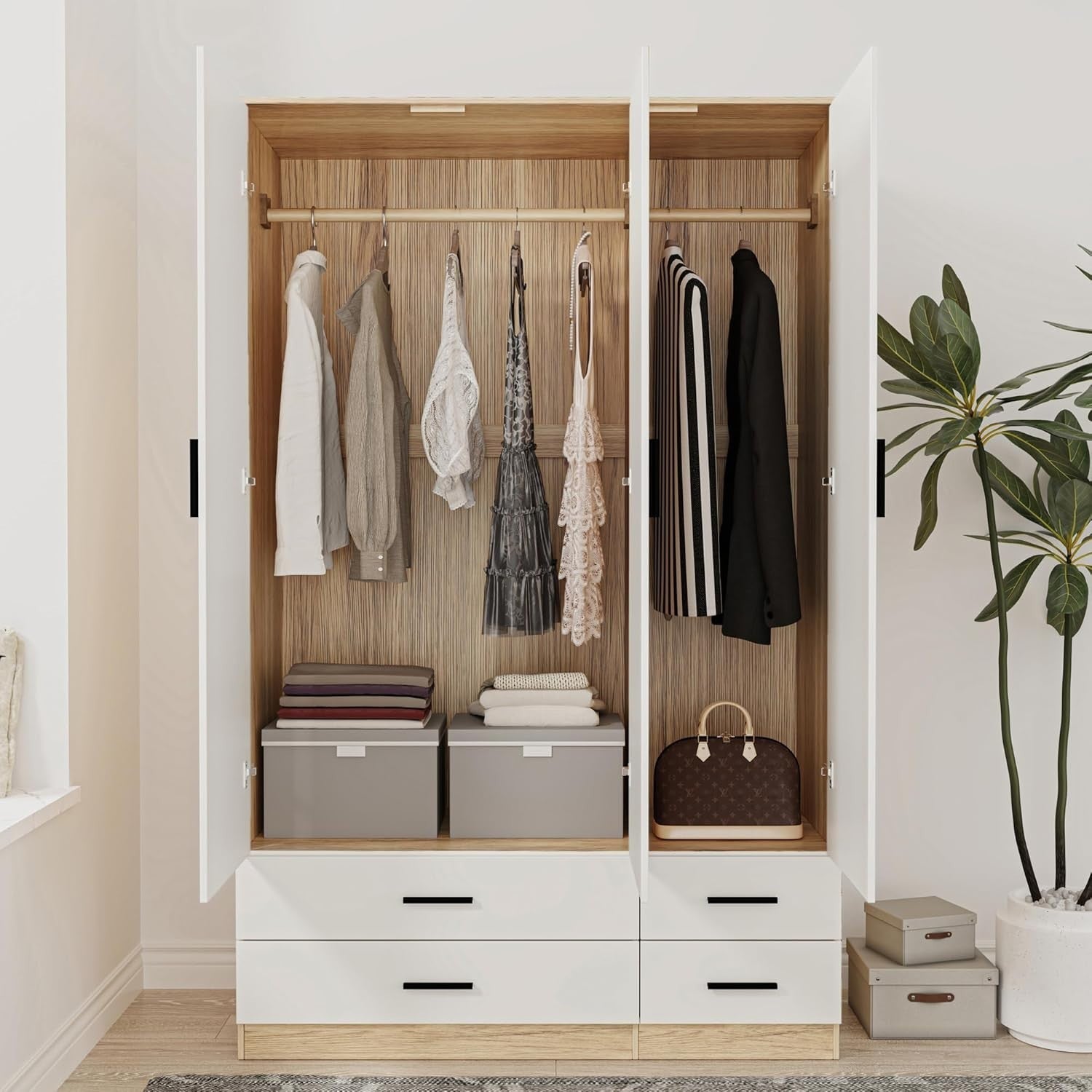 Oak & White 3 Door Wardrobe with 4 Drawers, Modern Bedroom Storage Unit