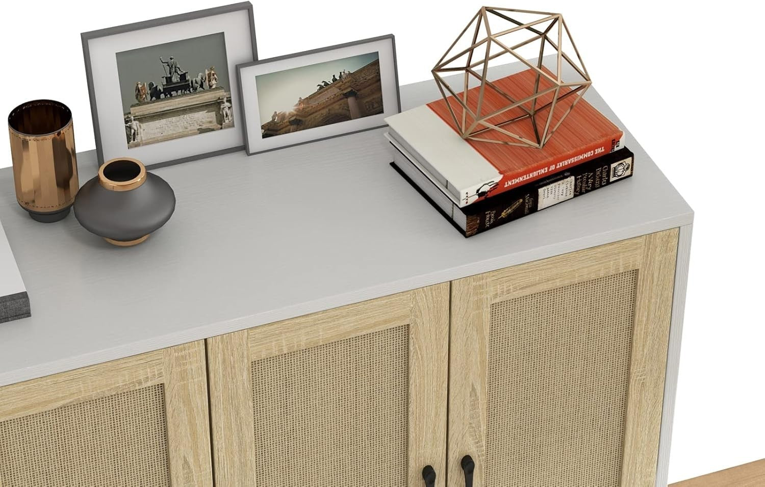 White Buffet Storage Cabinet with Adjustable Shelves Rattan Accent Modern