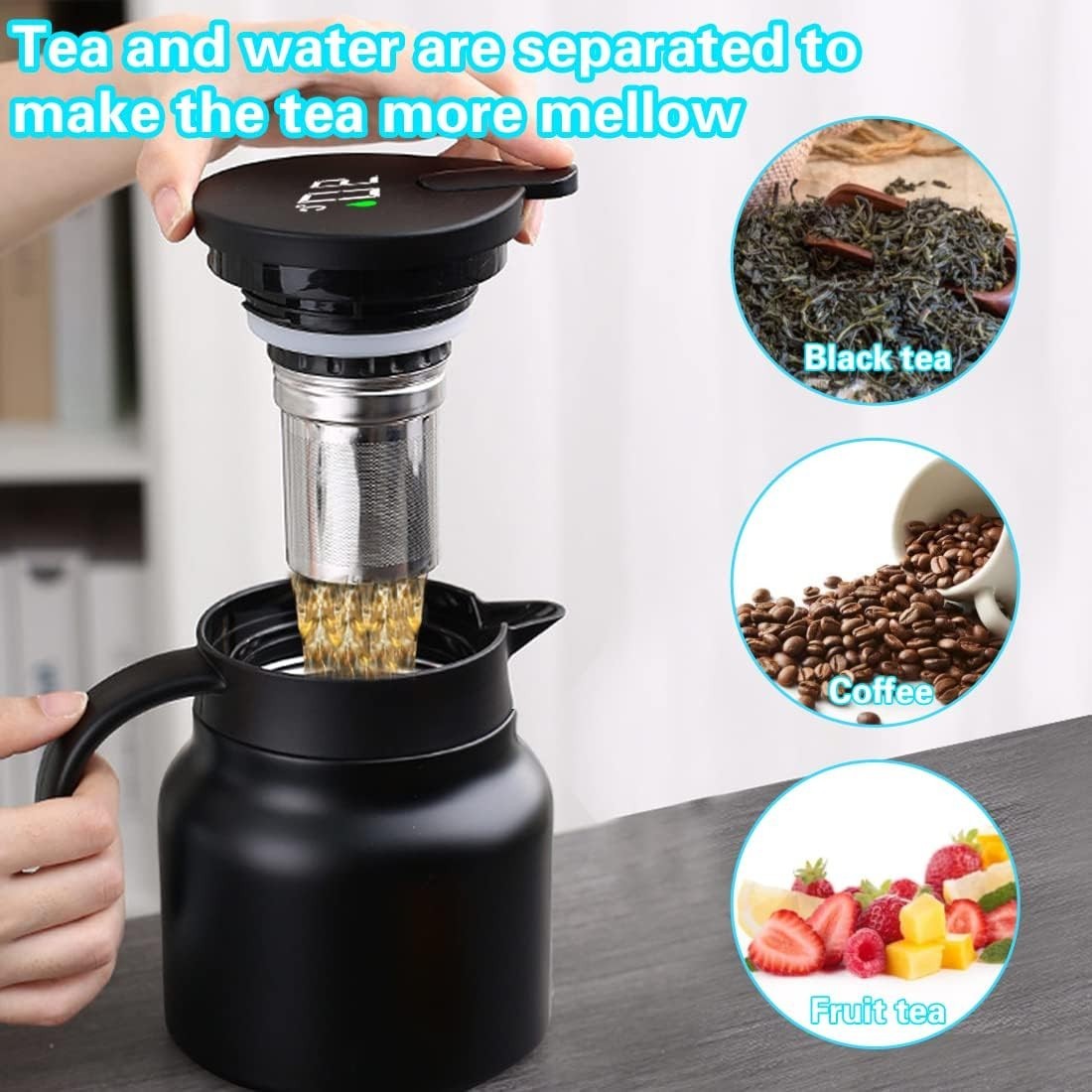 Vacuum Teapot 800ml Stainless Steel Tea Coffee Pot Temp Display Black