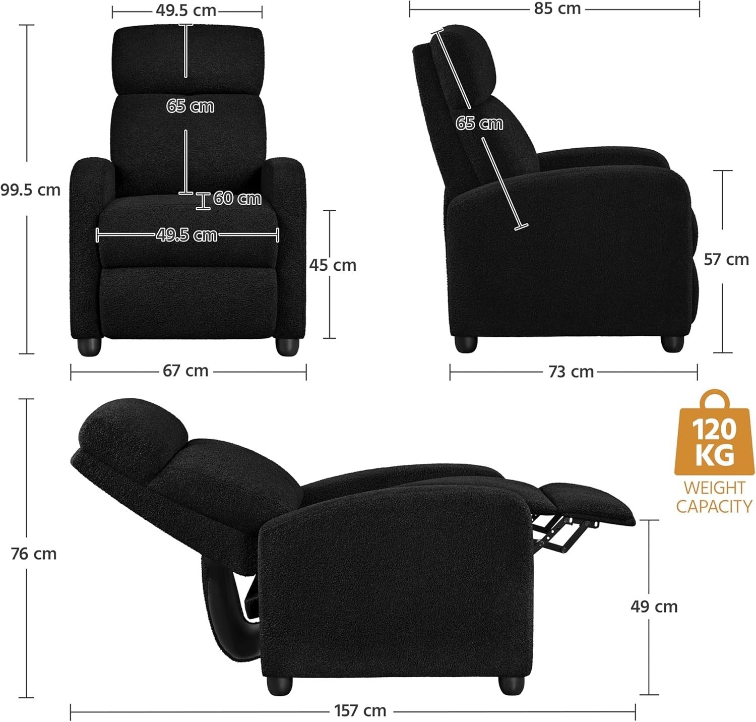 Boucle Recliner Chair Black Lounge Sofa Adjustable Armchair Home Cinema