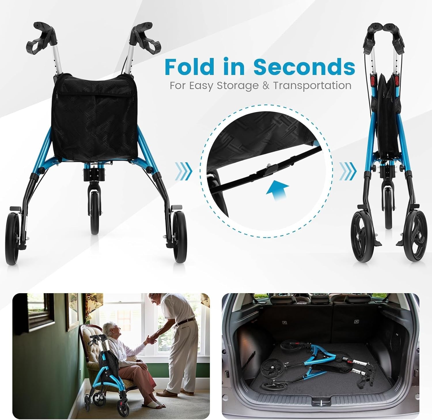 3 Wheel Folding Rollator Walker Lightweight Adjustable Mobility Aid with Brakes