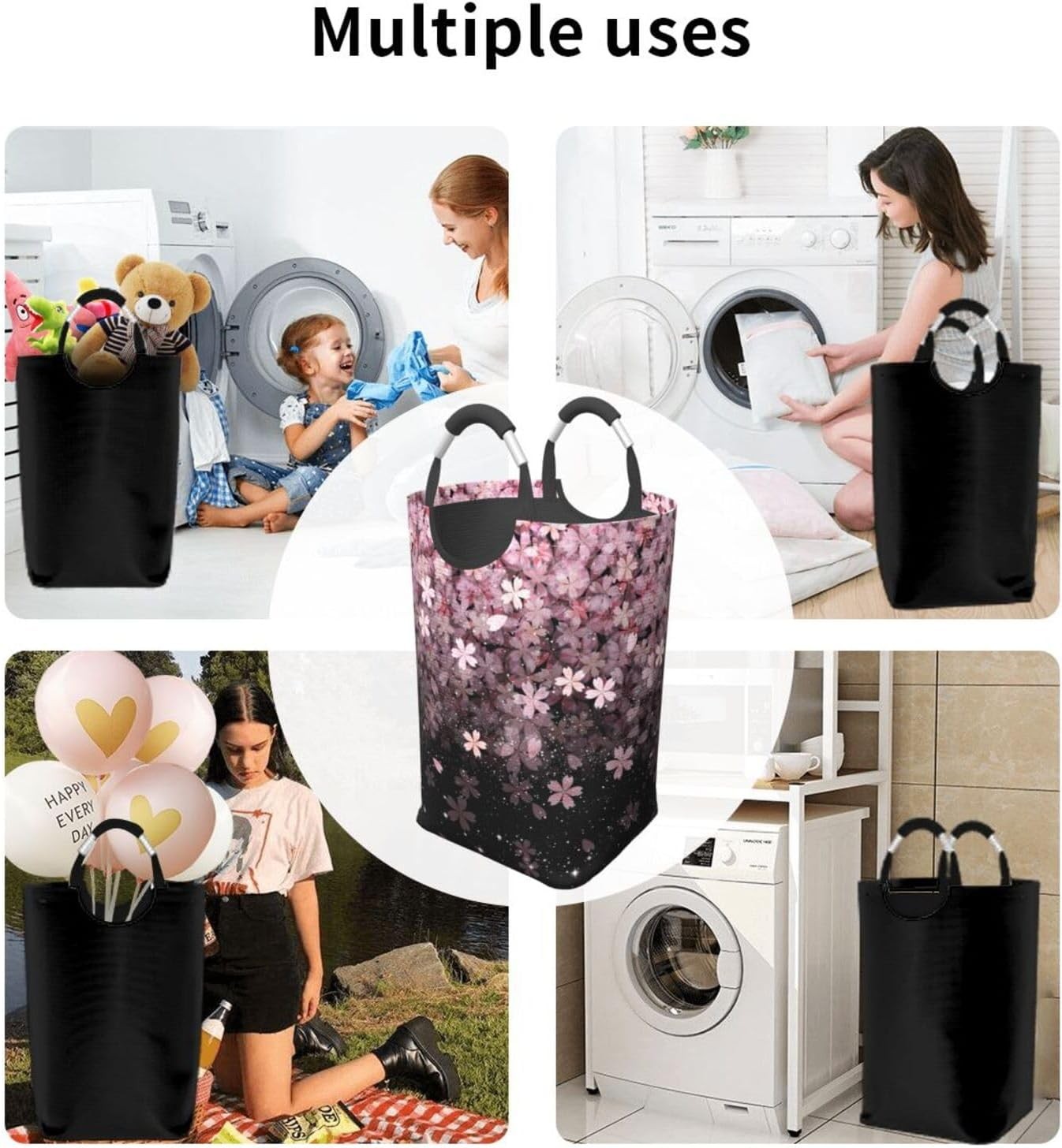 50L Cherry Blossom Laundry Basket Foldable Floral Hamper with Handles Pink