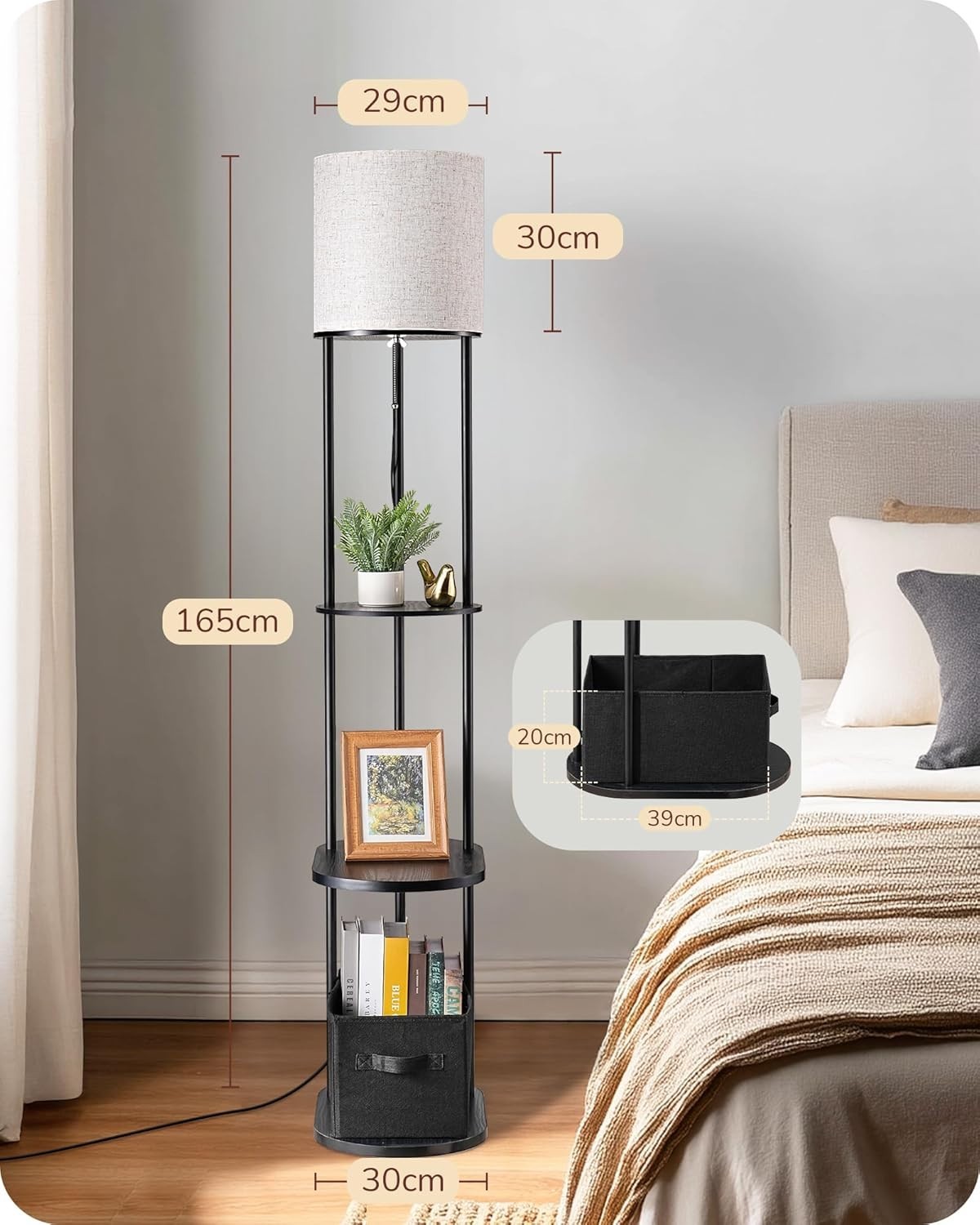 LED Floor Lamp with Storage Shelves, USB Charging, 3 Color Temps, 65” Tall