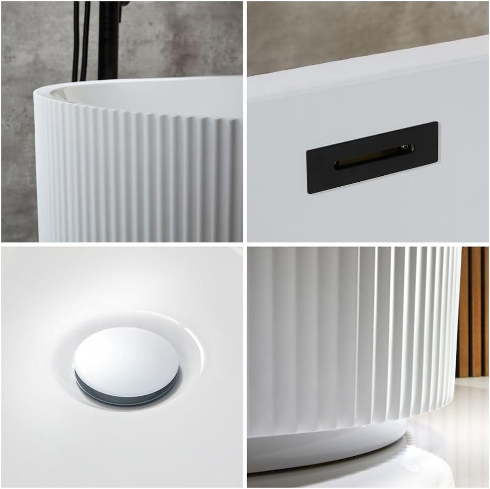 White Double Ended Freestanding Fluted Bath 1700x800mm Black Overflow