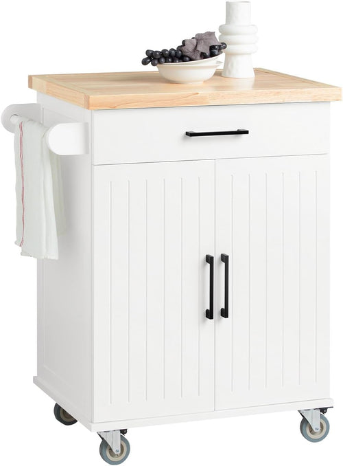 Kitchen Island on Wheels Storage Cabinet Rubberwood Top Drawer Trolley