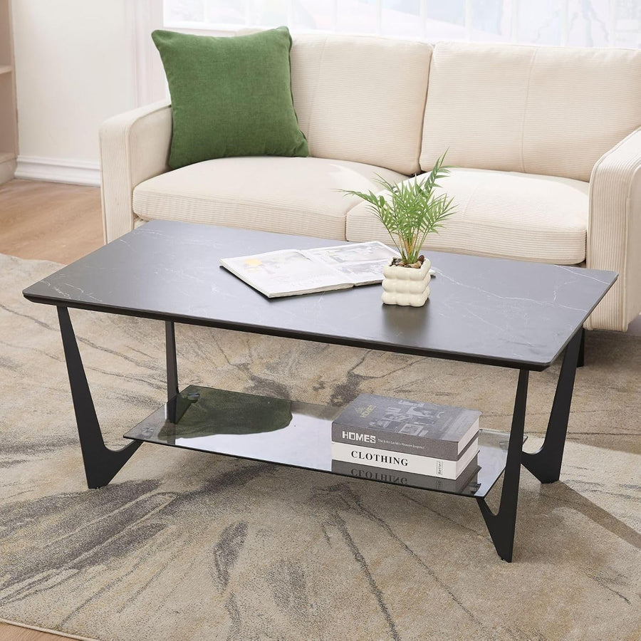 Modern Marble Look Coffee Table with Glass Shelf & Sleek Metal Legs 110x60cm
