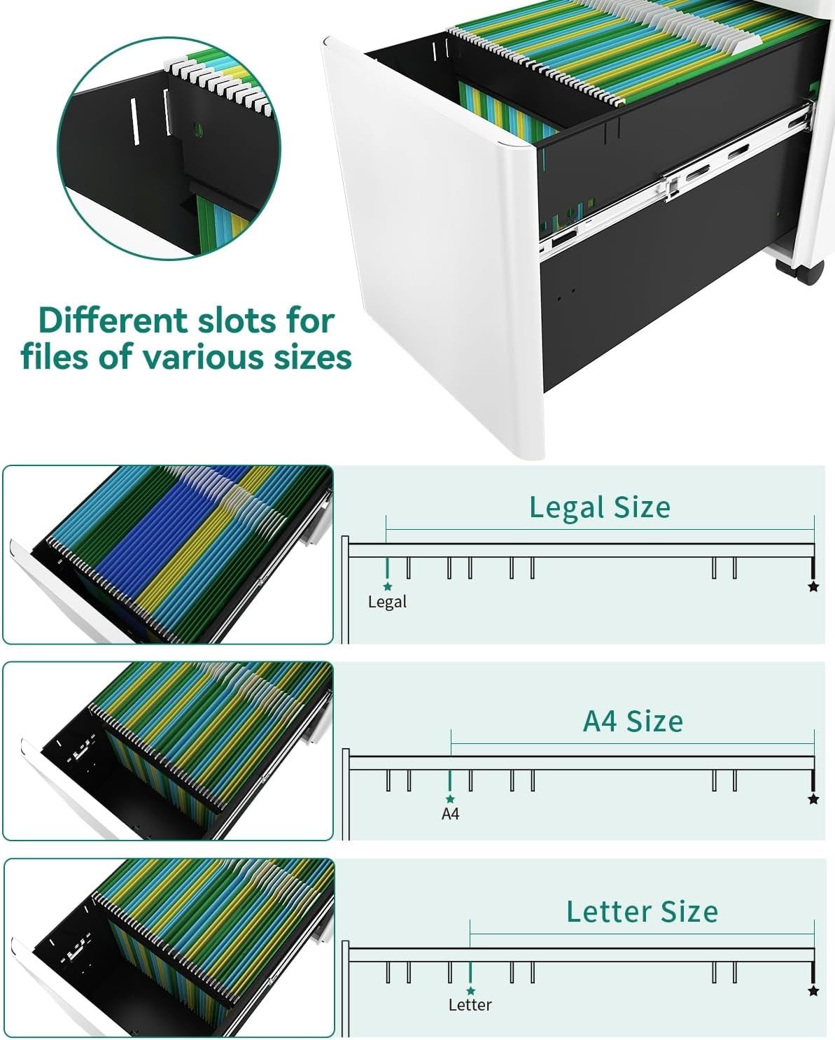 White Grey Metal Mobile Filing Cabinet 3 Drawer A4 Under Desk