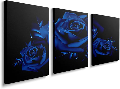 Framed Blue Rose Canvas Wall Art Set of 3 16x12 Modern Decor