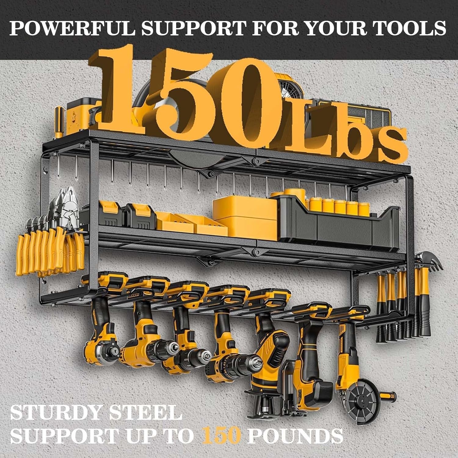 Wall Mount Power Tool Organizer 7 Drill Holders 3 Layers – 150Lbs Load