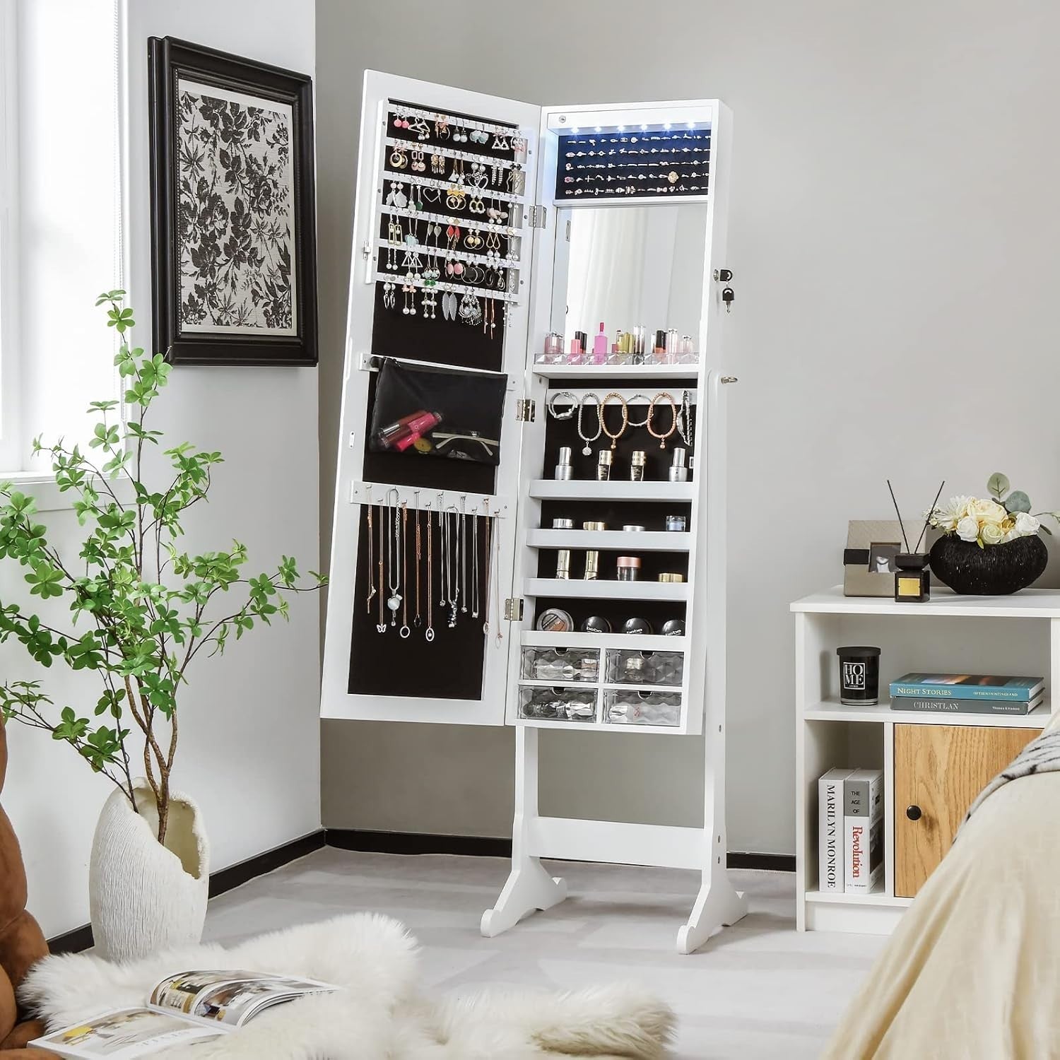 White Standing Jewelry Armoire Mirror LED Lights Lockable Adjustable Storage