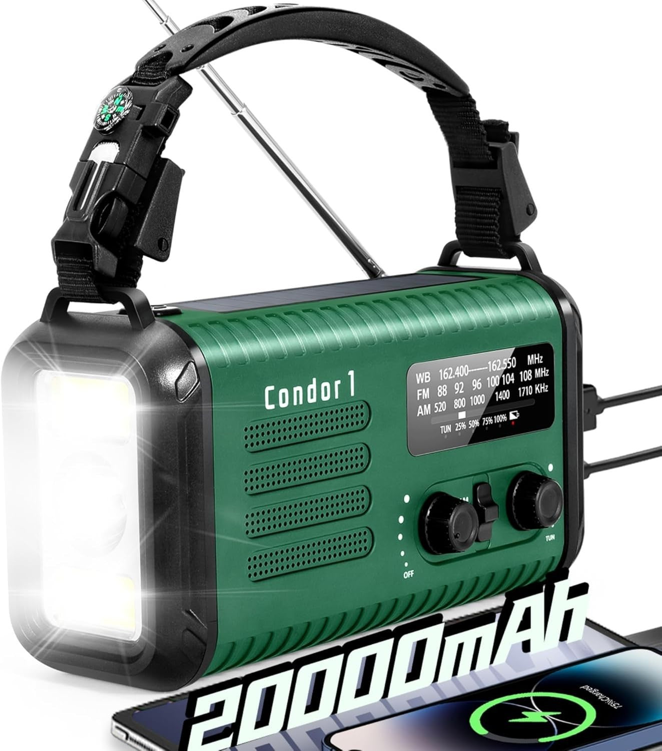 Wind Up Solar Emergency Radio with 20000mAh Battery, AM/FM & Flashlight