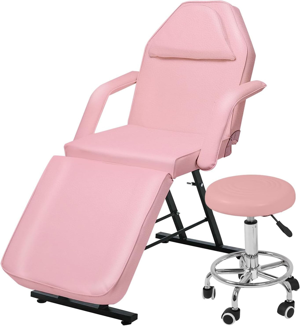 Adjustable 3-Section Massage Bed w/ Armrests & Hydraulic Stool Pink Heavy-Duty